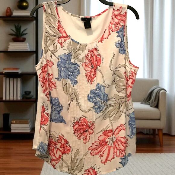 Ann Taylor Cream Tank Top Floral Blue Pink XL - Picture 1 of 5